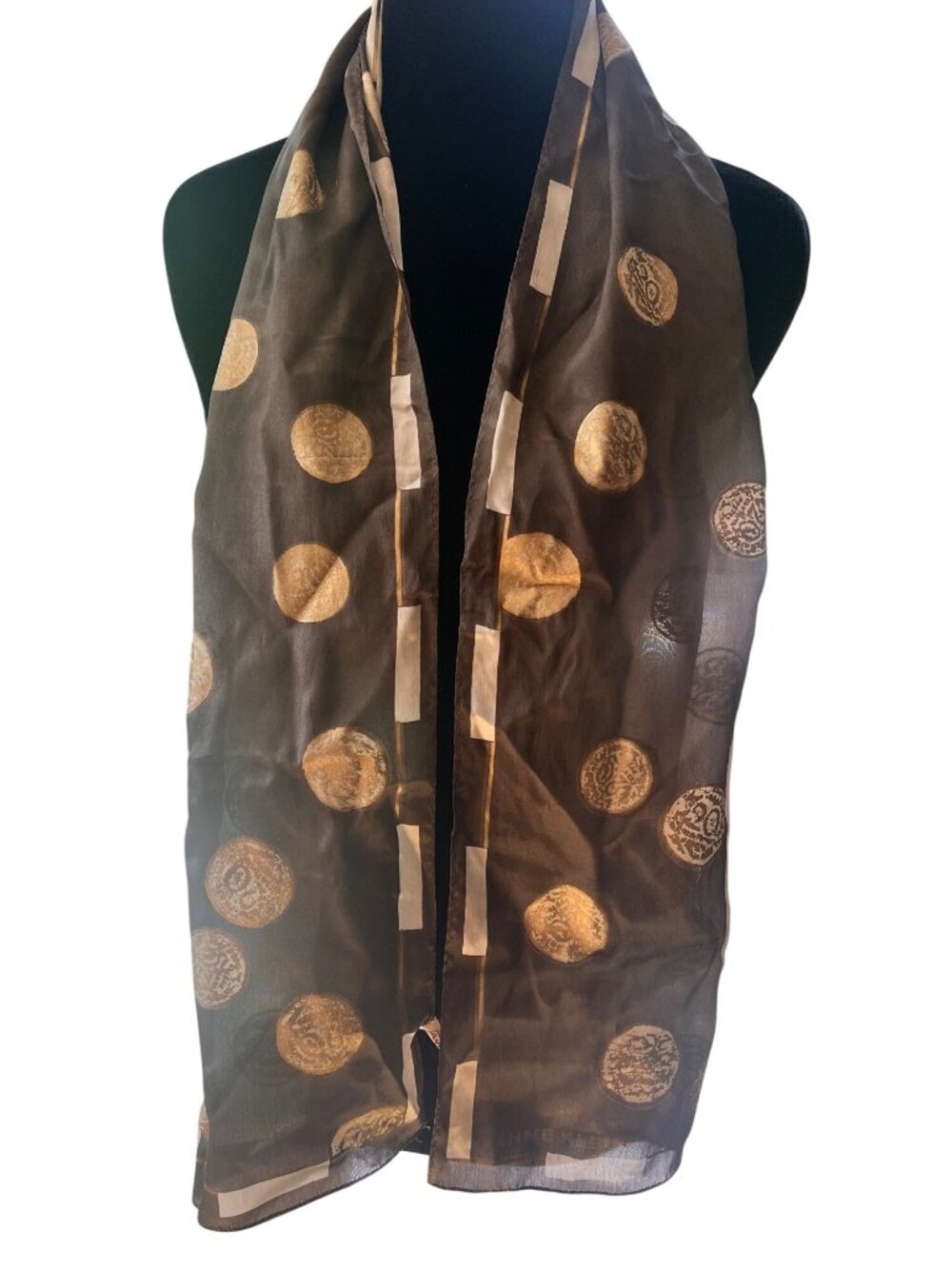 Anne Klein Silk Scarf Black & White With Gold Polka Dot Design 59.5" X 19"